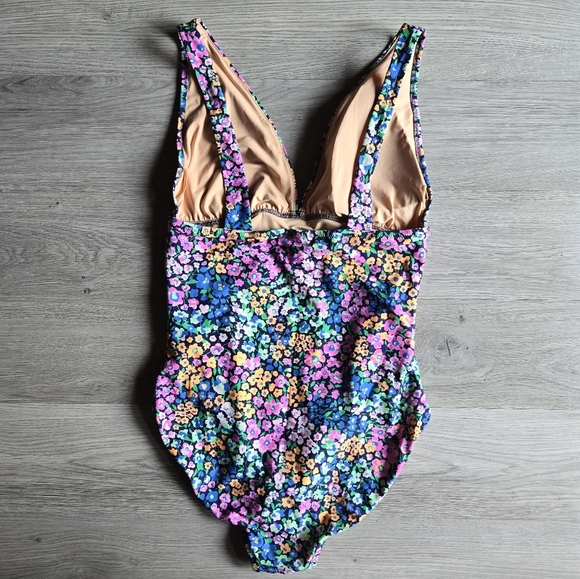 J. Crew V-neck Ruched One-Piece Swimsuit Bathing Suit Floral Pink Orange Large - Picture 3 of 9